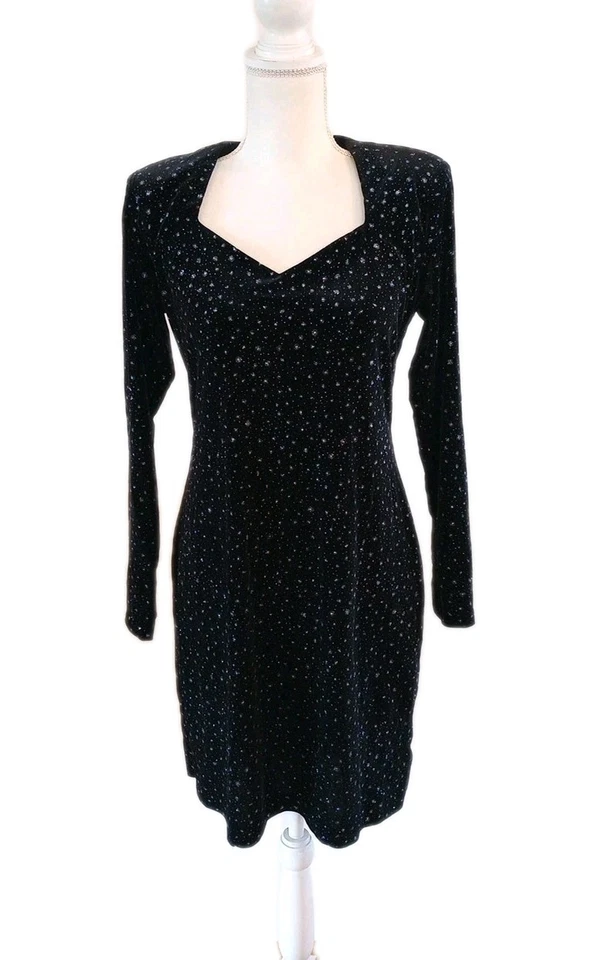 Vtg Velvet Mini Dress Medium 80s 90s Bling Glam Sparkle Long Sleeve Party  - Image 2 of 4
