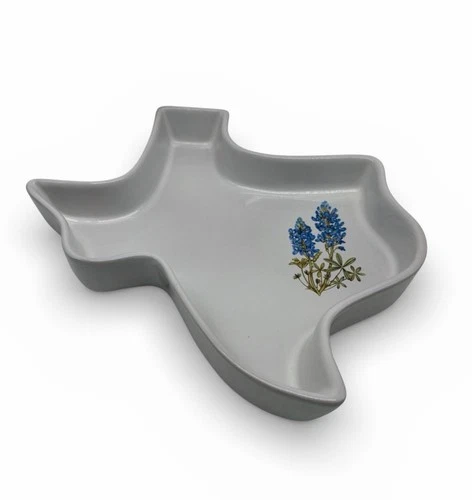 Vtg Frankoma Pottery Texas Shaped Casserole Dish W/Bluebonnet Flowers 12”x12”