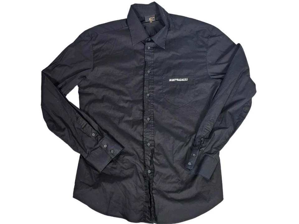 CAMISA JUST CAVALLI preta sólida XXL algodão elástico com botões luxo Itália masculina - Imagem 2 de 4