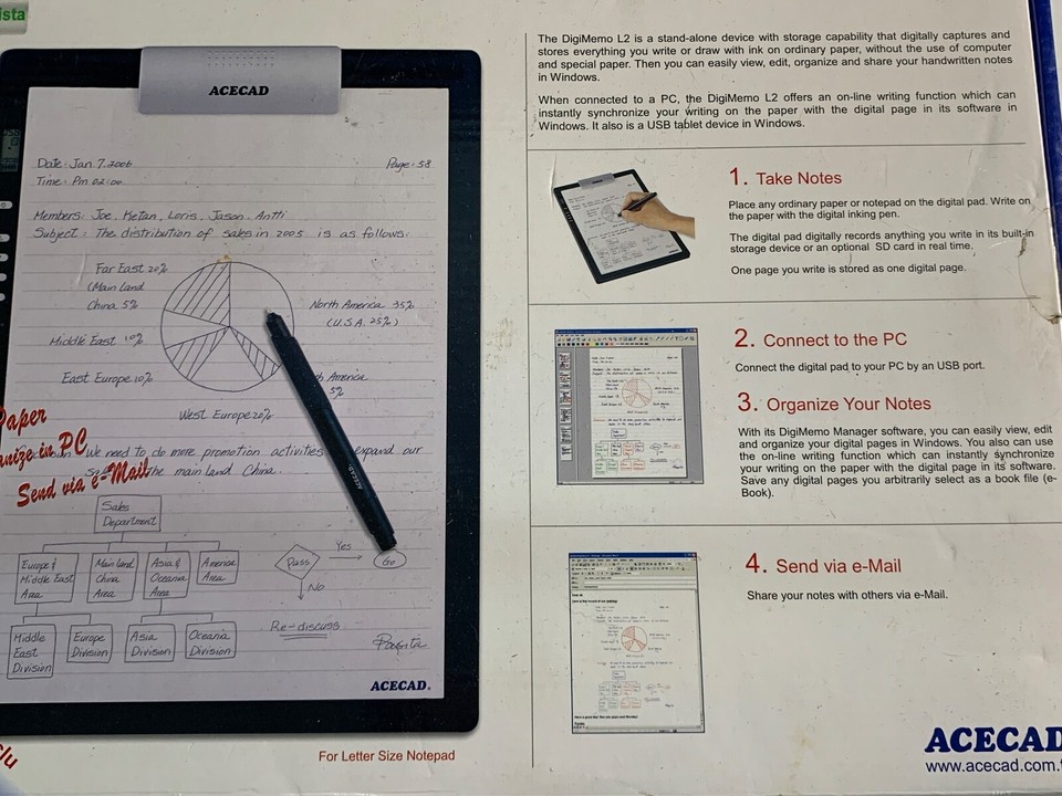 ACECAD DigiMemo L2 Letter Size Digital Notepad /w Pen Manual Software