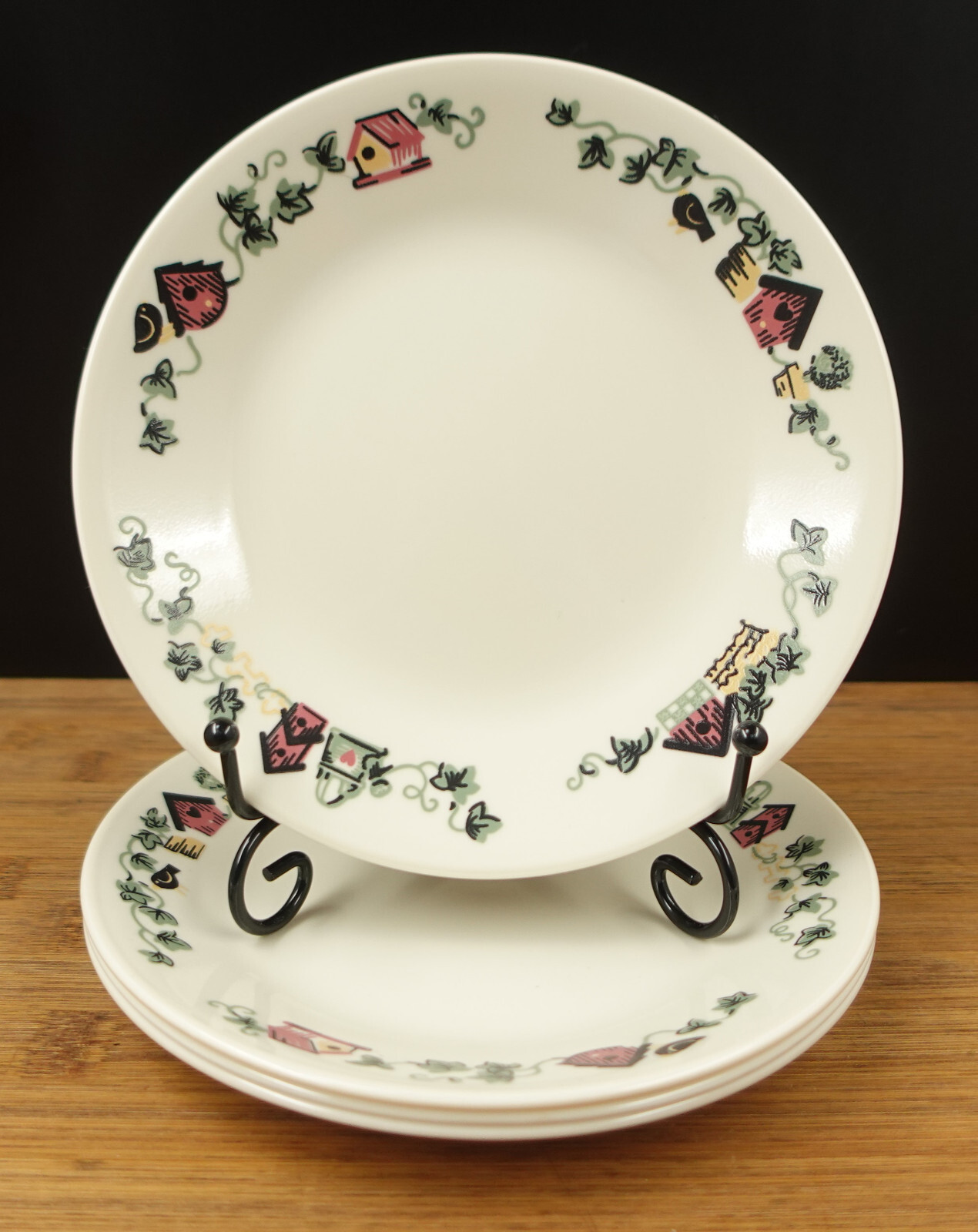 4 Corelle Garden Home Ivory Birdhouses Salad Bread Dessert Plates 6.75”