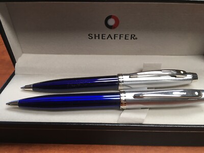 Sheaffer 100 Brushed Chrome/Blue Enamel BP Pen/0.7mm Pencil Set -- DAMAGED BOX