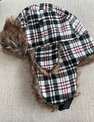 Red Black White Check Plaid Faux Fur Trapper Hat Ear Flaps Ushanka
