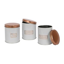 3pc Round Metal Tea Coffee Sugar Storage Set White/Copper Kitchen Canisters