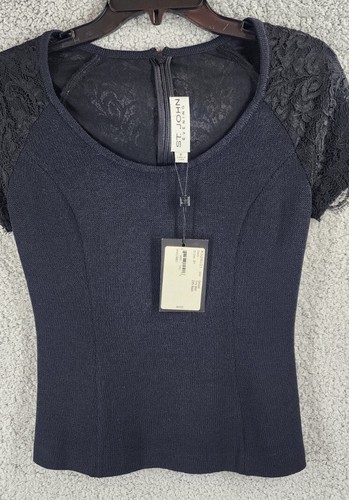 ST. JOHN EVENING Santana Knit Short Sleeve Top w Black Lace Size P - Picture 6 of 12