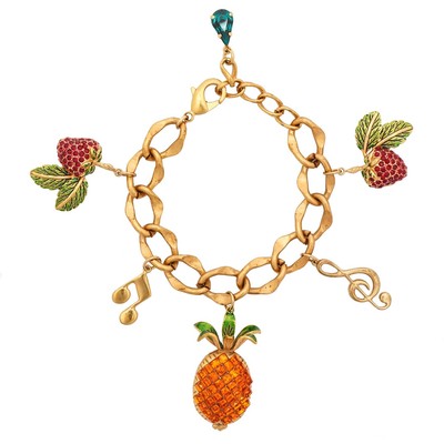 DOLCE & GABBANA Crystal Pineapple Strawberry Pendant Charms Chain Bracelet Gold