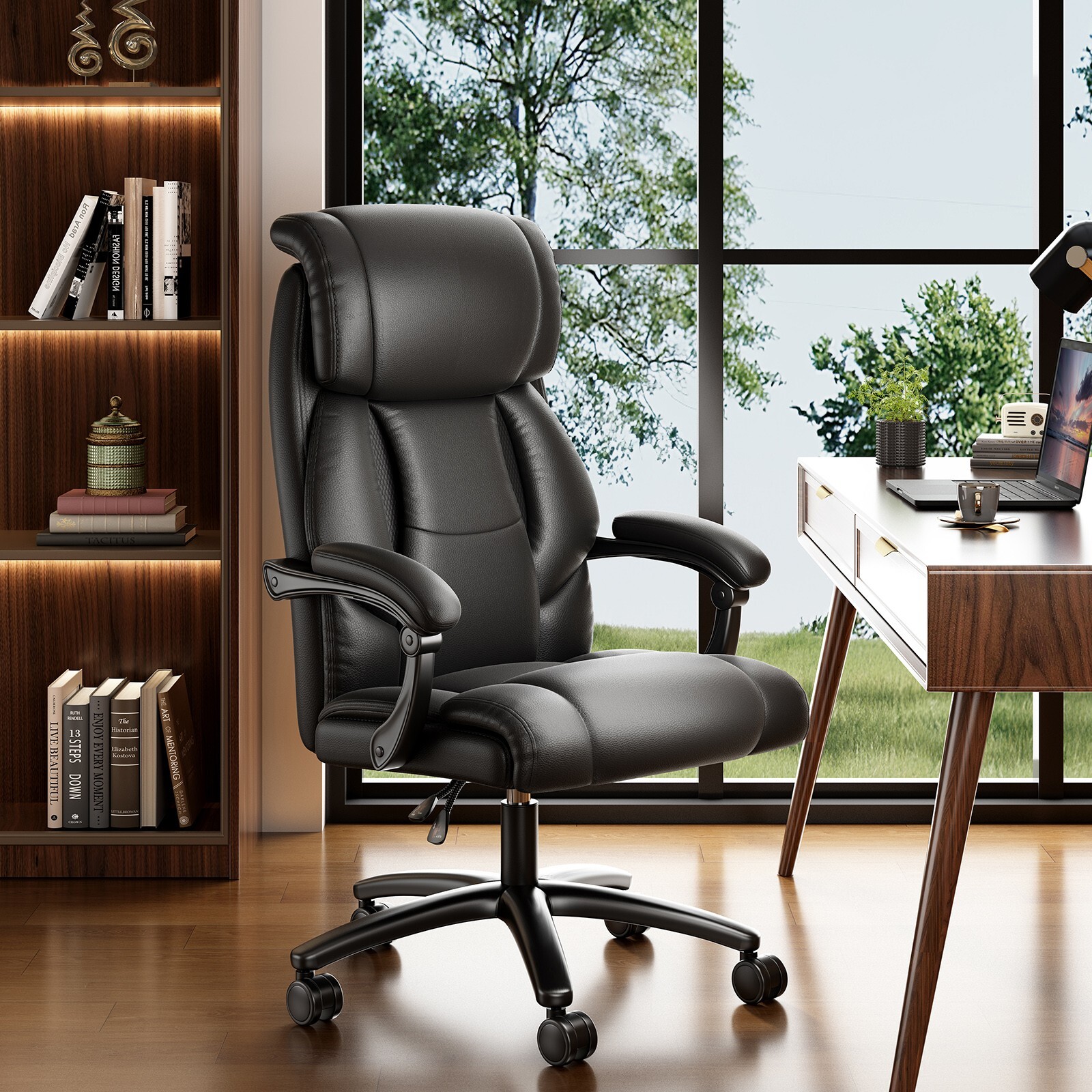 Heavy Duty Ergonomic Office Chair for Big & Tall Users - Wide PU Leather Seat in Black