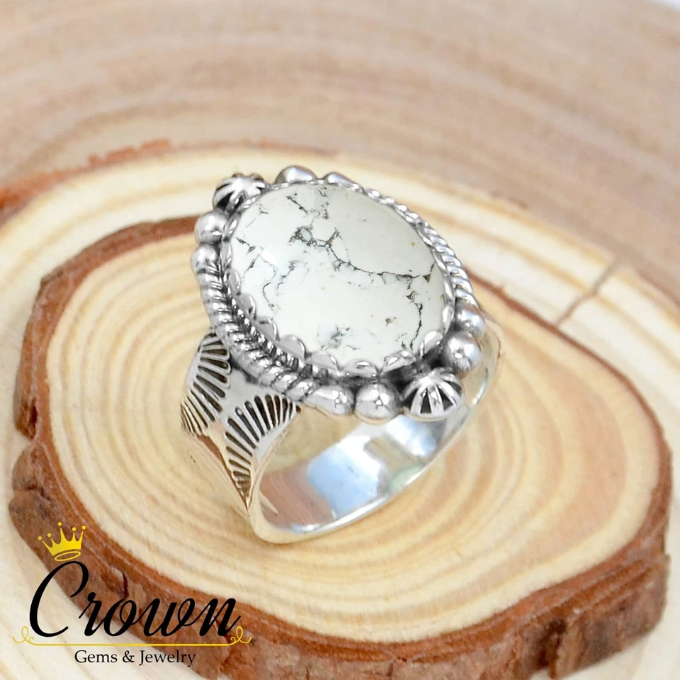 Anillo Howlita Blanco Plata de Ley 925 para Mujer Joyería Fina - Talla US 4-14 Foto 2 de 3