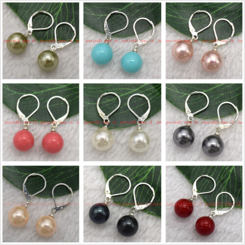 Natural 8-14mm New Multicolor Round Shell Pearl Dangle Silver Leverback Earring - Picture 1 of 38