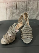 Nina Women  s Heels Ankle Strap Open Toe Leather Sole Silver Size 7M