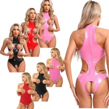 Women's PVC Leather Opening Breast Bodysuit Zipper Crotch Leotard Catsuit Teddy