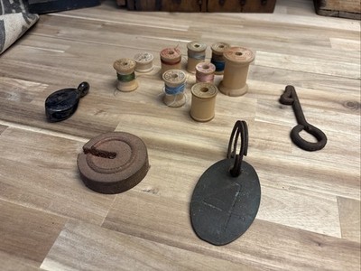 Misc Vintage Lot Wood Thread Spools Brass Key Chain Cast Iron Pulley Weight Key