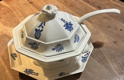 VTG Soup Tureen Lid, Ladle & Underplate, Hand Painted Blue Floral Signed 1975