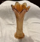 Fenton Marigold Carnival Glass Fine Rib Swung Vase 1910-20s Iridescent ~10”