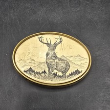 Vintage Signed BARLOW Scrimshaw Style STAG DEER Solid Brass Oval Belt Buckle