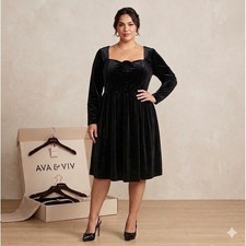 SALE Ava & Viv Velvet Rosette Dress Womens 3X Black Long Sleeve Square Neck NEW