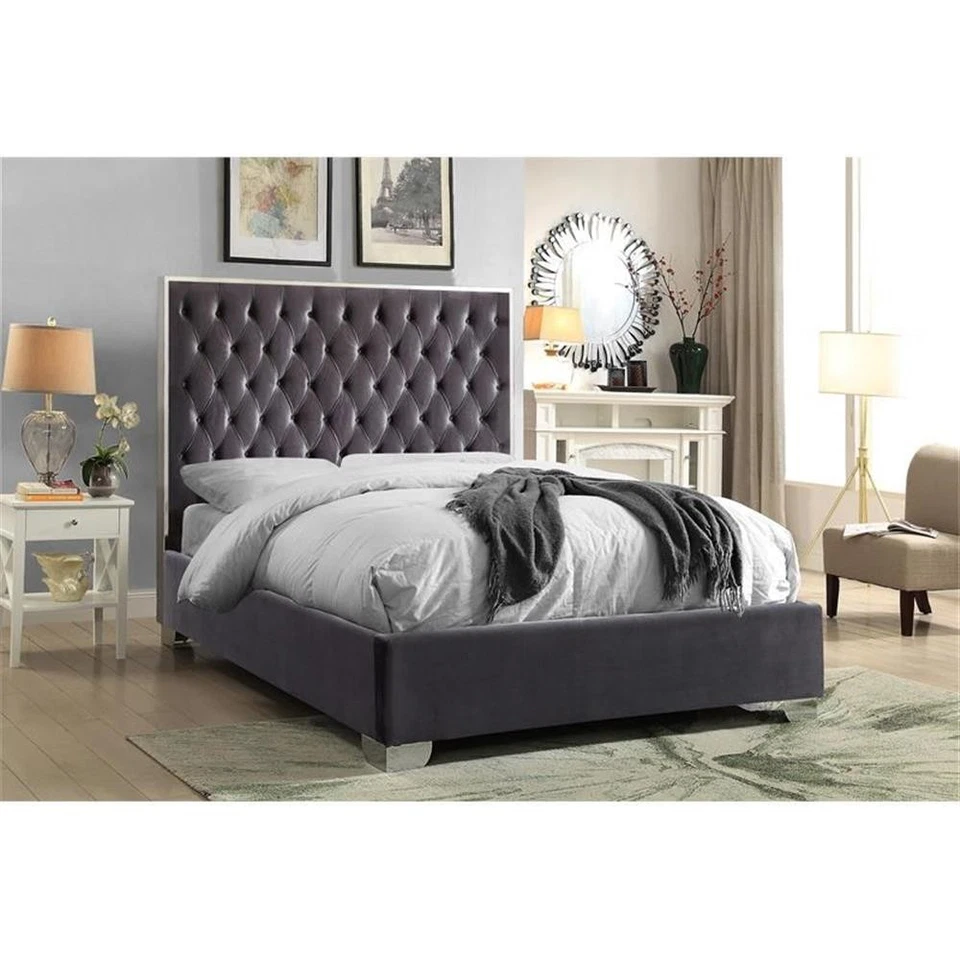 Meridian Furniture Lexi Solid Wood and Velvet Queen Bed in Gray - Image 2 of 4