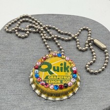 Vintage Quik Grapefruit Lemon Soda Bottle Cap Rhinestone Pendant Chain Necklace