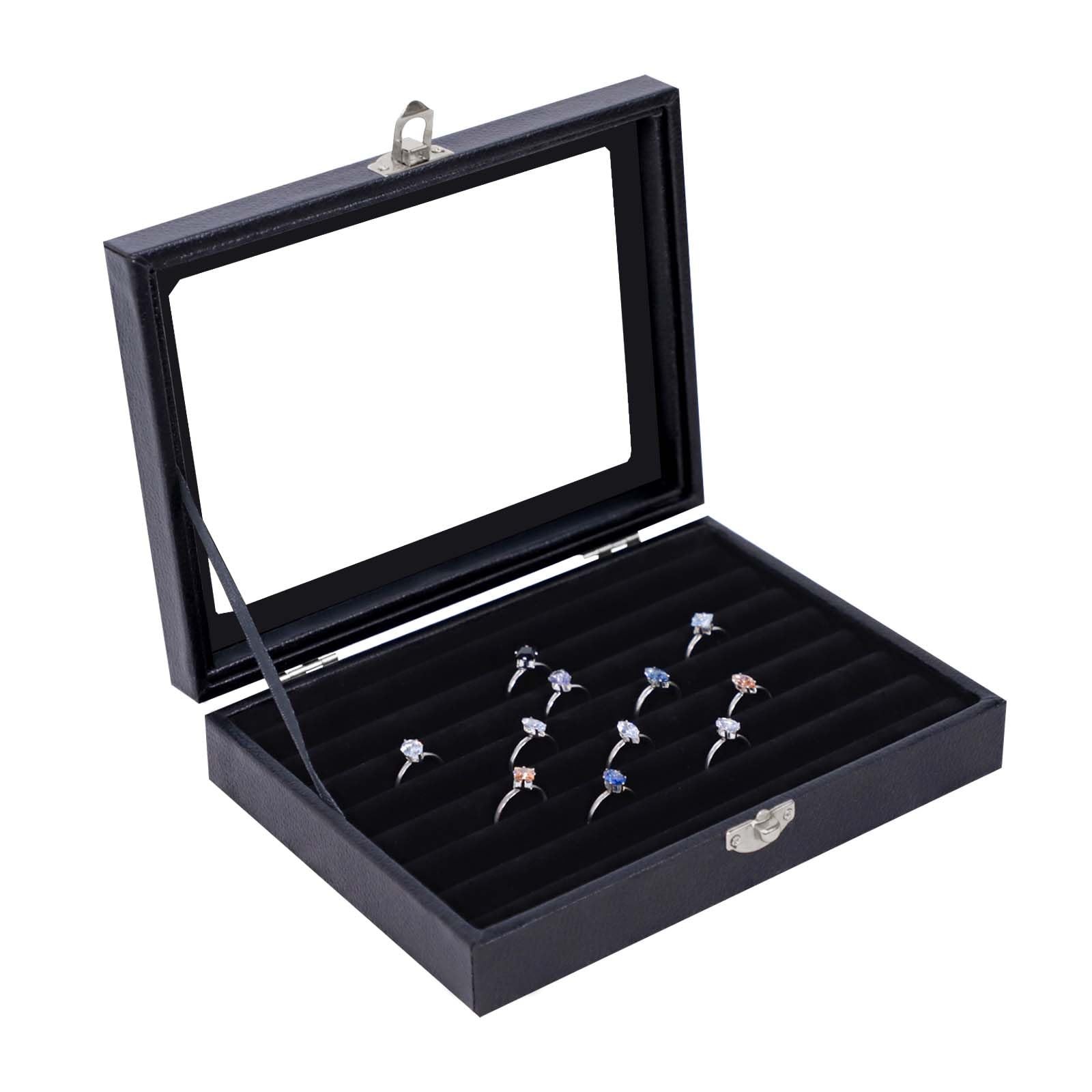 Leather Ring Organizer Box with Clear Glass Top for Jewelry Display-image