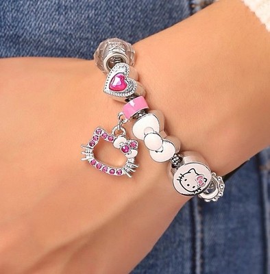 Hello Kitty Sanrio Bettelarmband 7,5'' Rosa Emaille & Kristall Charm Perlen