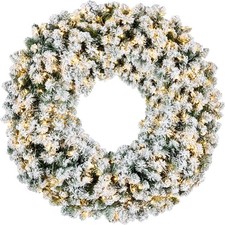 36in Large Flocked Artificial Pre-Lit Fir Christmas Wreath Holiday Accent Decora