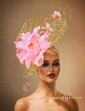 Kentucky Derby Hat Ascot Cherry Blossom Fascinator Gold Pink Green Breeders' Cup