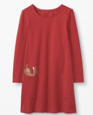 Hanna Andersson Youth 8 Red Long Sleeve Deer Art Pocket Cotton Dress