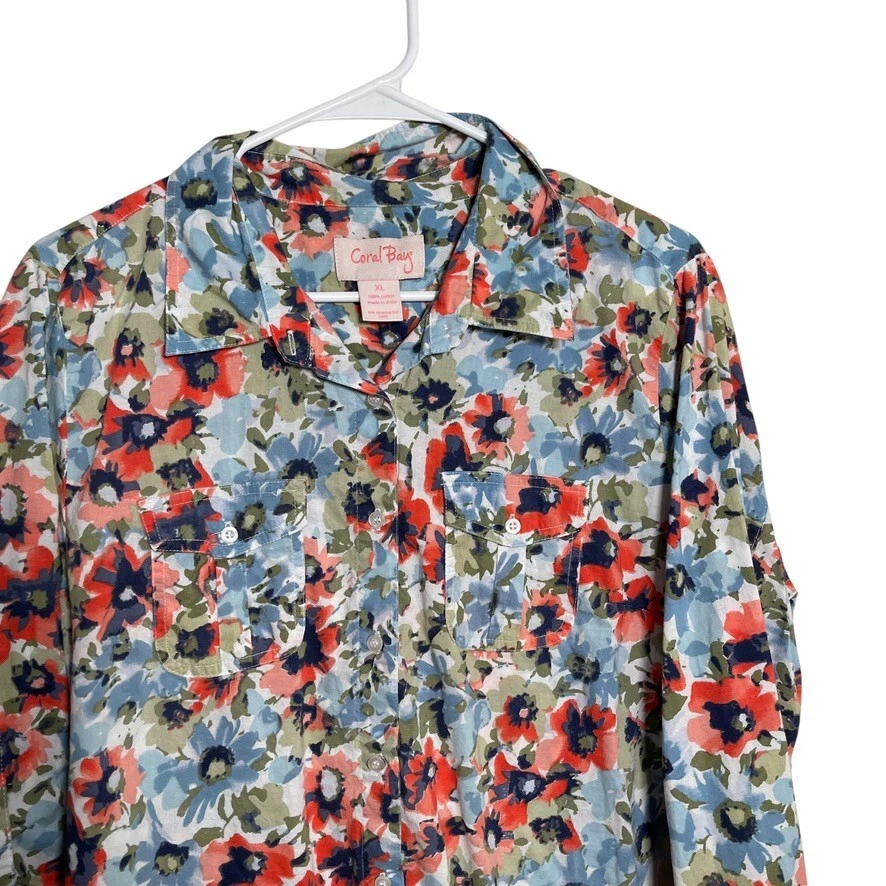 Coral Bay Blouse Women's XL Colorful Floral Button Up Boho  Artsy Top Shirt - Image 2 of 4