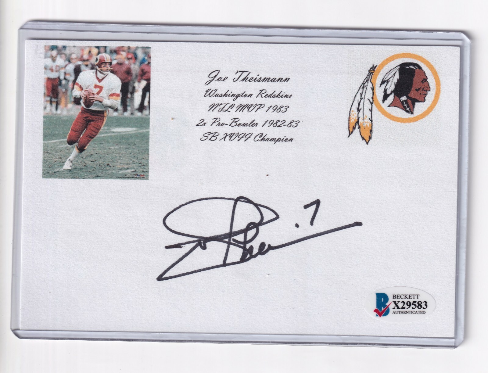 Joe Theismann Autographed Signed 4x6 Index Card with Color Image & Logo Beckett COA 