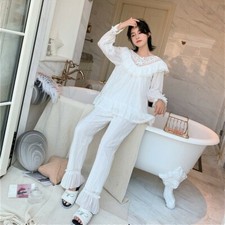 Lady Cotton Sleepwear Nightwear Pajama Set Long Flare Sleeve Lace Embroidery