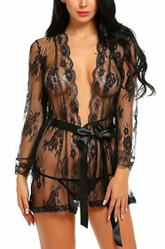 Sexy-Lingerie-Women-Lace-Nightwear-Sheer-Babydoll-Sleepwear-Kimono-Robe-US-FAST
