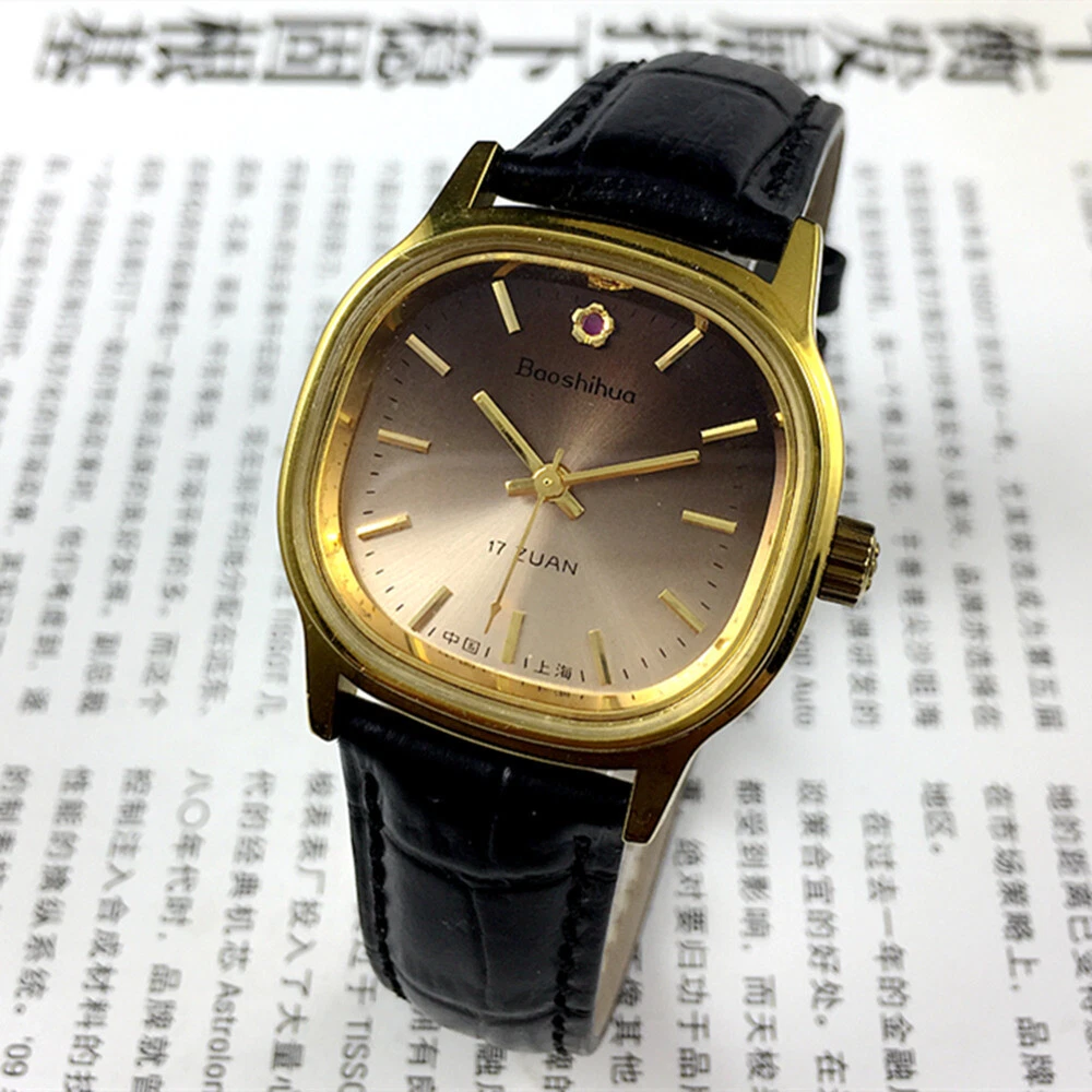34mm Shanghai Manual Mechanical Watch Golden Nail Brown Dial