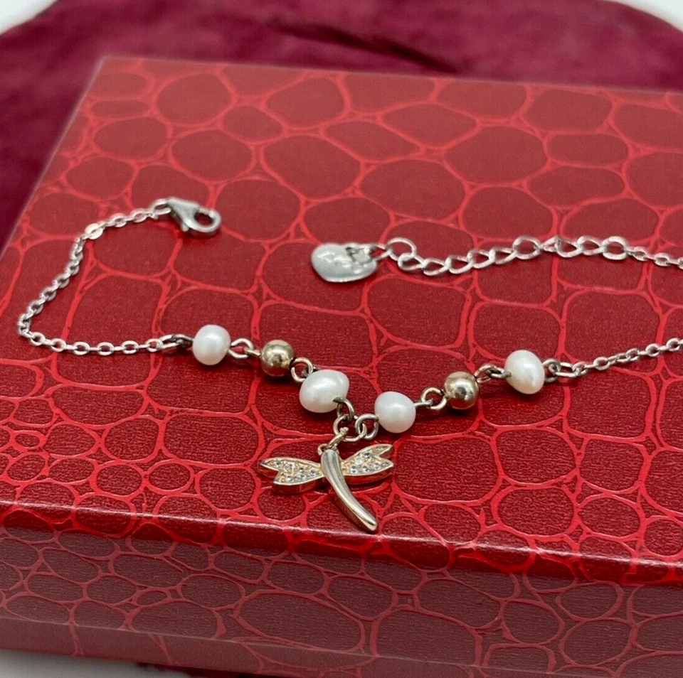 Bracciale femminile argento 925 ramato farfalla perle naturali misura regolabile - Immagine 2 di 4