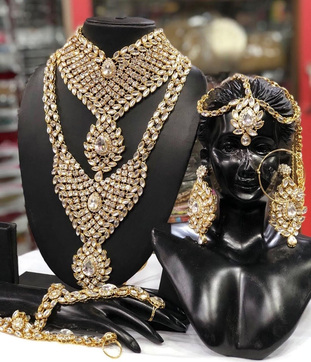 GOLD PLATED ARTIFICIAL KUNDAN STONE NECKLACE EARRINGS INDIAN
