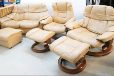 PRISTINE-EKORNES STRESSLESS CREAM LEATHER RECLINER SOFA+2ARMCHAIRS+3FOOTSTOOL🆓D