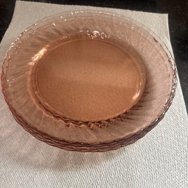 Arcoroc Rosaline Pink Swirl Glass Dinner Plate 9 in Vintage Set of 4 France made