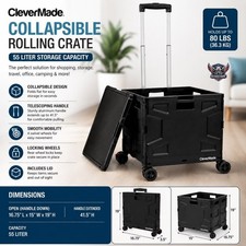 CleverMade Collapsible Rolling Storage Crate 55L Folding Utility Cart w/ Lid Bl