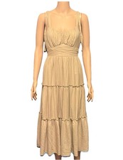 Trixxi Tan Beige Tied Ruffle Fit And Flare Midi Dress Tiered Skirt Medium