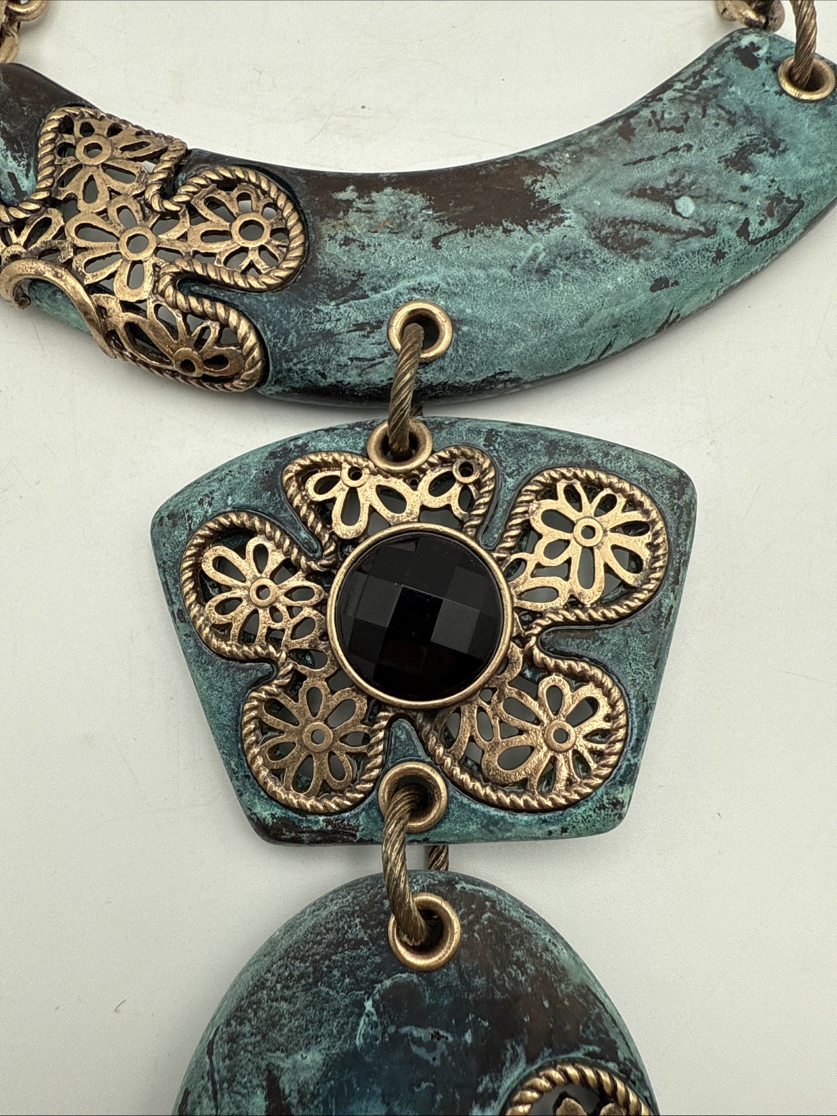 Large Statement Necklace Rhinestone Distressed Gr… - image 7