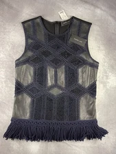 Derek Lam 8 Sleeveless Top, Lambskin Leather, Wool Crochet, Boho Hippy Festival