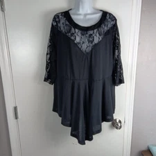 Emery Rose Shirt Womens 5XL Black Lace Yoke Tunic Sheer 3/4 Sleeve High Low Hem