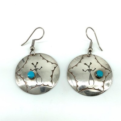 Vintage Sterling Native American Indian Tribal Turquoise Round Dangle Earrings