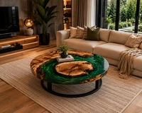 15"Round Epoxy Resin Coffee Table Live Edge Burl Wood Emerald Green River Table