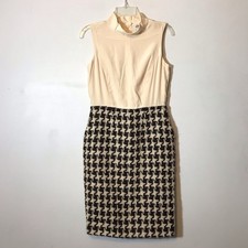 Chanel Chocolate Brown Houndstooth Cream Silk High Neck Pencil Dress Size 40