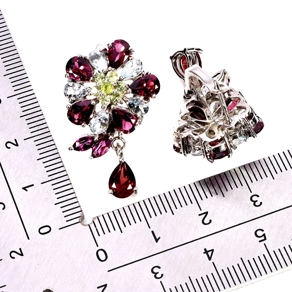 925 Sterling Silver Earrings Pear Rhodolite Aquamarine Peridot Gemstone Jewelry - Image 3 of 4