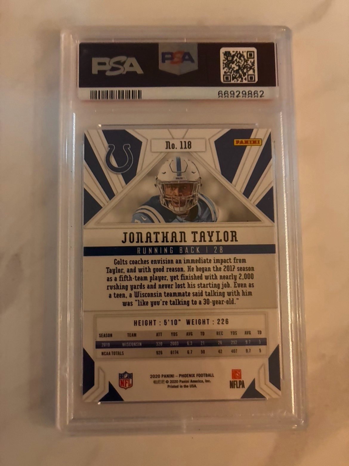 2020 Panini Phoenix Rookies Color Burst Jonathan Taylor #118 Rookie RC PSA 10 view 2