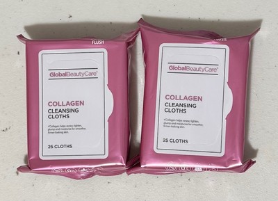SET OF 2 Global Beauty Care Collagen Cleansing Cloths Make Up Wipes 25 Count