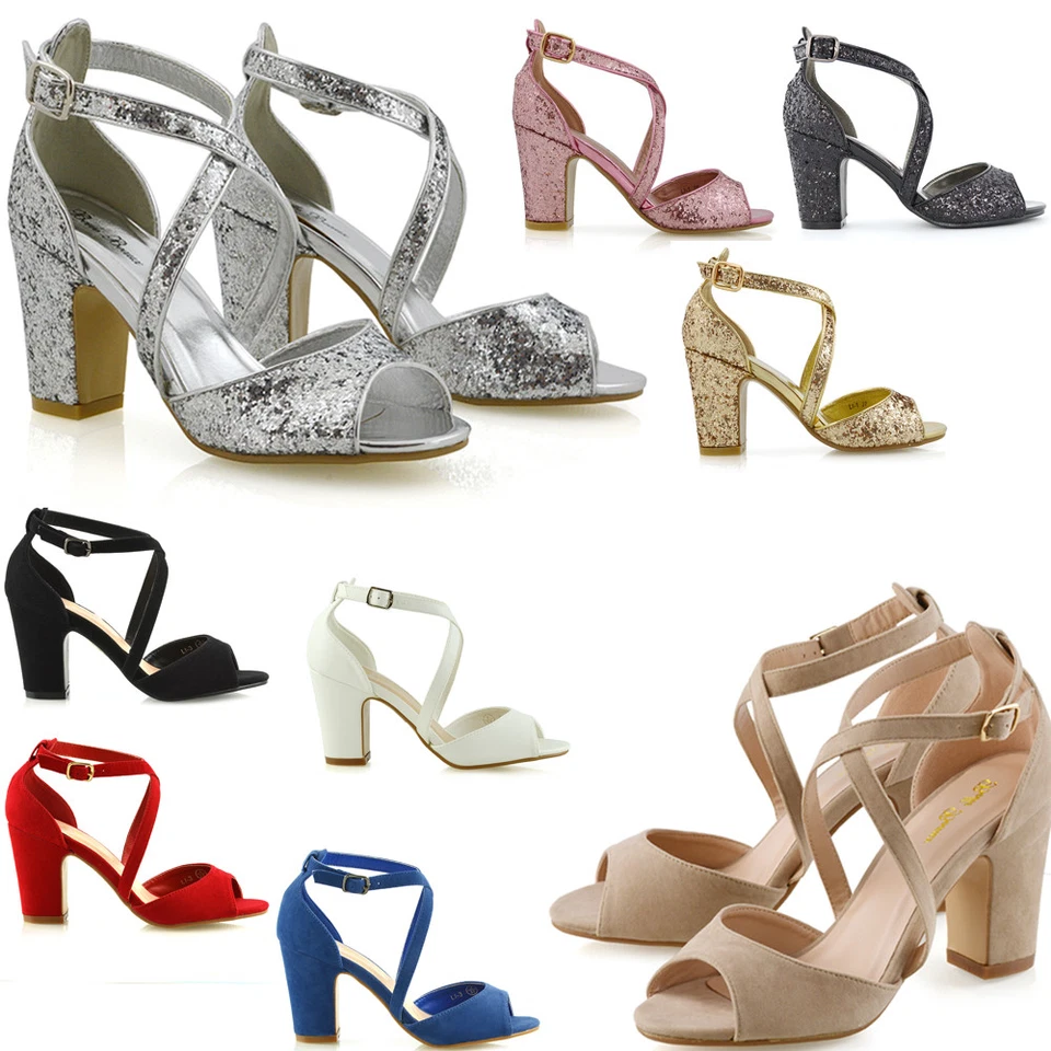 ESSEX GLAM Damen-Riemchensandalen Knöchelriemen mittelhoher Blockabsatz Partyschuhe Größe