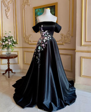 Gothic Black Satin Wedding Dresses Off the Shoulder Sweep Train Bridal Gowns
