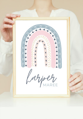 Children's Babies Girl's Nursery Name Personalised Print Paper Pink Teal Rainbow